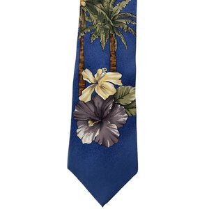 Duck Head Men's Silk Blue Tie With Palm Trees & Hibiscus Flowers Necktie
